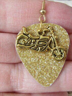 Lady Rider Gold Sparkle Guitar Pick Gold Motorcycle Charm Biker Chick Earrings